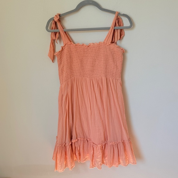 Aerie Mini Sundress Smocked Tie Straps Babydoll Peach Size Medium Ruffle Western - Picture 3 of 9
